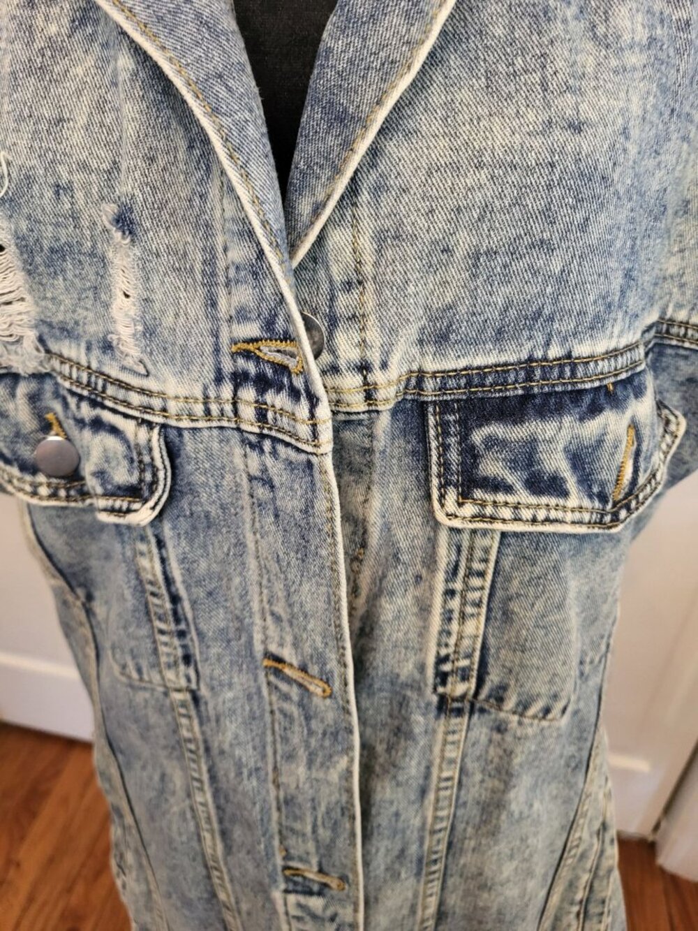 Acid Washed Short Sleeve Denim Jacket Distressed L Grunge Western Streetwear - Picture 3 of 12